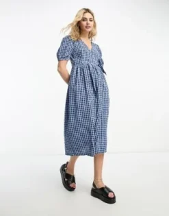 Monki - Vestito Midi A Maniche Corte Blu A Quadretti