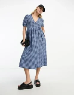 Monki - Vestito Midi A Maniche Corte Blu A Quadretti -Vendite ASOS Maternity || RIVER ISLAND || Monki 204550351 4