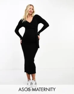 ASOS Maternity ASOS DESIGN Maternity - Vestito Midi In Maglia A Portafoglio Nero