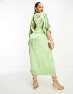 ASOS DESIGN Curve - Vestito Midi In Raso Verde A Portafoglio Ricamato Con Maniche Stile Kimono -Vendite ASOS Maternity || RIVER ISLAND || Monki 204572650 4