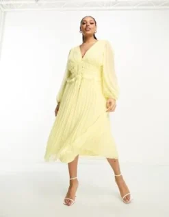 ASOS DESIGN Curve - Vestito Midi A Pieghe Giallo Pastello Plumetis Metallizzato Con Bottoni E Arricciatura In Vita -Vendite ASOS Maternity || RIVER ISLAND || Monki 204572661 4