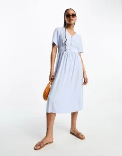 Pieces - Vestito Midi Blu Con Bottoni