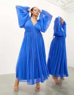 ASOS EDITION Curve - Vestito Lungo Arricciato Blu Acceso Raccolto In Vita Con Coulisse -Vendite ASOS Maternity || RIVER ISLAND || Monki 204581331 4