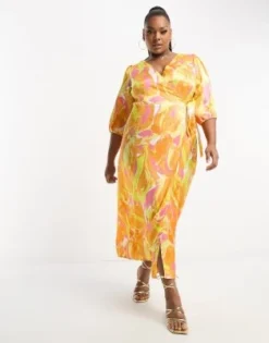 Vila Curve - Vestito Midi A Portafoglio In Raso Testurizzato Arancione Con Stampa Astratta