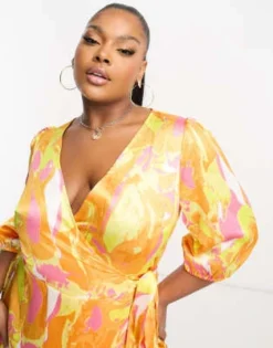 Vila Curve - Vestito Midi A Portafoglio In Raso Testurizzato Arancione Con Stampa Astratta -Vendite ASOS Maternity || RIVER ISLAND || Monki 204588749 3