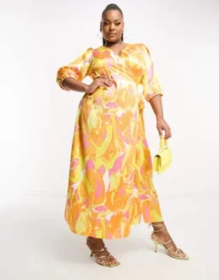 Vila Curve - Vestito Midi A Portafoglio In Raso Testurizzato Arancione Con Stampa Astratta -Vendite ASOS Maternity || RIVER ISLAND || Monki 204588749 4