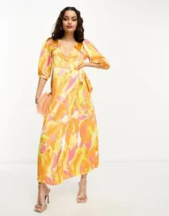 Vila Petite - Vestito Midi A Portafoglio In Raso Testurizzato Arancione Con Stampa Astratta -Vendite ASOS Maternity || RIVER ISLAND || Monki 204588758 4