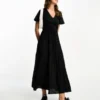 ASOS DESIGN - Vestito Midi A Pieghe Nero Con Scollo A V Allacciato In Vita