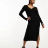 ASOS DESIGN Petite - Vestito Midi Lavorato A Maglia Con Scollo A V A Coste Nero