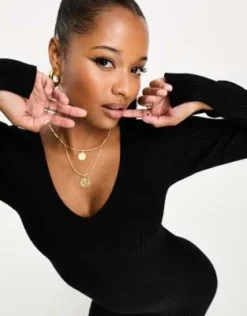 ASOS DESIGN Petite - Vestito Midi Lavorato A Maglia Con Scollo A V A Coste Nero -Vendite ASOS Maternity || RIVER ISLAND || Monki 204597854 3