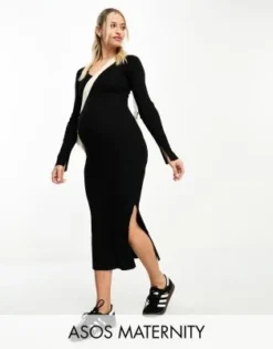 ASOS Maternity ASOS DESIGN Maternity - Vestito Midi Lavorato A Maglia Con Scollo A V A Coste Nero