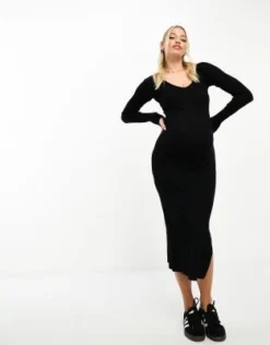 ASOS Maternity ASOS DESIGN Maternity - Vestito Midi Lavorato A Maglia Con Scollo A V A Coste Nero -Vendite ASOS Maternity || RIVER ISLAND || Monki 204597974 4