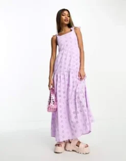 Threadbare - Vestito Midi A Balze In Pizzo Sangallo Lilla