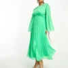 ASOS DESIGN Curve - Vestito Midi A Pieghe Verde Allacciato Sul Retro Con Maniche Svasate