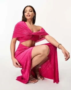 ASOS DESIGN Tall - Vestito Lungo Plissé Due In Uno Con Una Spalla Scesa Rosa Acceso -Vendite ASOS Maternity || RIVER ISLAND || Monki 204618181 4