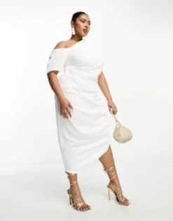ASOS DESIGN Curve - Vestito Midi Color Avorio Con Spalle Scivolate Testurizzato