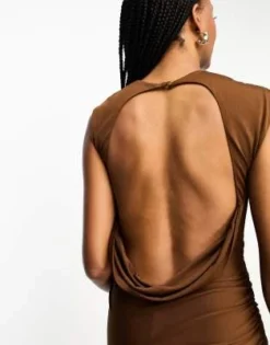 ASOS DESIGN Tall - Vestito Midi Accollato Marrone Cioccolato A Portafoglio Arricciato -Vendite ASOS Maternity || RIVER ISLAND || Monki 204618253 3