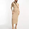 ASOS DESIGN - Vestito Midi Monospalla Marrone Moka Con Drappeggio