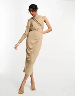 ASOS DESIGN - Vestito Midi Monospalla Marrone Moka Con Drappeggio -Vendite ASOS Maternity || RIVER ISLAND || Monki 204618386 4