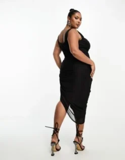 ASOS DESIGN Curve - Vestito Midi Nero In Rete Con Corsetto Con Scollo Ad Anello Drappeggiato -Vendite ASOS Maternity || RIVER ISLAND || Monki 204618537 4