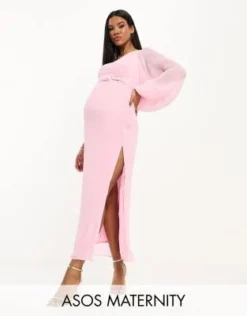 ASOS Maternity ASOS DESIGN Maternity - Vestito Midi Monospalla Plissé Con Cintura Rosa Chiaro