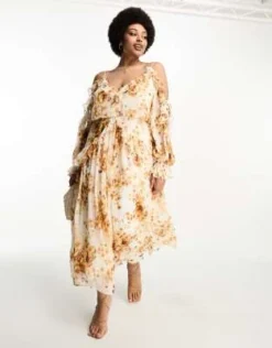 ASOS DESIGN Curve - Vestito Midi Arricciato A Fiori Marroni Con Spalle Scoperte E Volant