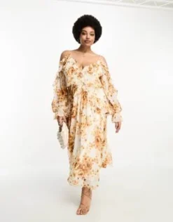 ASOS DESIGN Curve - Vestito Midi Arricciato A Fiori Marroni Con Spalle Scoperte E Volant -Vendite ASOS Maternity || RIVER ISLAND || Monki 204623482 3