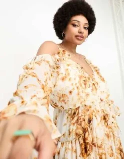 ASOS DESIGN Curve - Vestito Midi Arricciato A Fiori Marroni Con Spalle Scoperte E Volant -Vendite ASOS Maternity || RIVER ISLAND || Monki 204623482 4