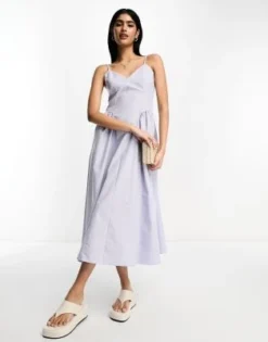 ASOS DESIGN - Vestito Skater Midi In Cotone Blu Balletto Crepuscolare Con Vita Scesa