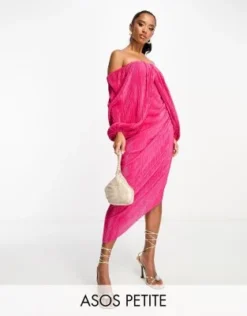 ASOS DESIGN Petite - Vestito Midi Plissé Rosa Con Strato Sovrapposto E Schiena Scoperta
