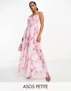 ASOS DESIGN Petite - Vestito Lungo In Rete Rosa Con Stampa A Macchie Con Spalline Sottili E Fascia