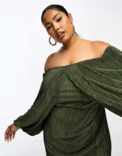 ASOS DESIGN Curve - Vestito Midi Plissé Verde Con Strato Sovrapposto E Schiena Scoperta -Vendite ASOS Maternity || RIVER ISLAND || Monki 204624257 2