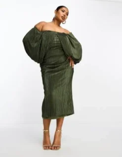 ASOS DESIGN Curve - Vestito Midi Plissé Verde Con Strato Sovrapposto E Schiena Scoperta -Vendite ASOS Maternity || RIVER ISLAND || Monki 204624257 3