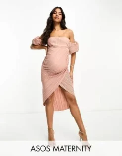 ASOS DESIGN Maternity - Vestito Midi A Portafoglio Rosa Tenue Plissé Con Spalle Scoperte
