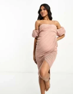 ASOS DESIGN Maternity - Vestito Midi A Portafoglio Rosa Tenue Plissé Con Spalle Scoperte -Vendite ASOS Maternity || RIVER ISLAND || Monki 204624297 3