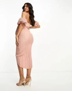 ASOS DESIGN Maternity - Vestito Midi A Portafoglio Rosa Tenue Plissé Con Spalle Scoperte -Vendite ASOS Maternity || RIVER ISLAND || Monki 204624297 4