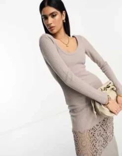 ASOS DESIGN - Vestito Midi Color Tortora A Coste Con Dettaglio All'uncinetto E Scollo Rotondo