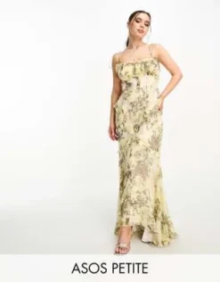 ASOS DESIGN Petite - Vestito Lungo Asimmetrico Verde A Fiori Vintage Con Bottoni E Volant