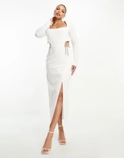 ASOS DESIGN Tall - Vestito Midi A Maniche Lunghe Avorio Con Finiture In Strass E Cut-out -Vendite ASOS Maternity || RIVER ISLAND || Monki 204629112 4