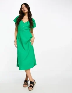 Vero Moda - Vestito Midi Verde In Misto Lino Con Maniche Con Volant