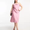Vila Curve - Vestito Midi In Raso Rosa Polvere Con Spalline Sottili E Allacciatura Sul Retro