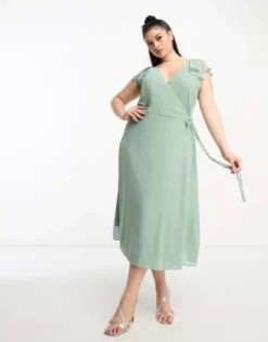 Vila Curve - Vestito Lungo A Portafoglio Da Damigella Verde Con Maniche Con Volant E Gonna A Ruota -Vendite ASOS Maternity || RIVER ISLAND || Monki 204635387 4