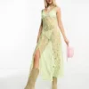 Miss Selfridge - Vestito Midi Da Festival In Pizzo Verde Lime Trasparente Con Spalline Sottili