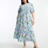 Nobody's Child Plus - Kelsie - Vestito Midi Arricciato Con Maniche A Sbuffo Blu A Fiori