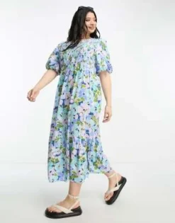 Nobody's Child Plus - Kelsie - Vestito Midi Arricciato Con Maniche A Sbuffo Blu A Fiori -Vendite ASOS Maternity || RIVER ISLAND || Monki 204640759 3
