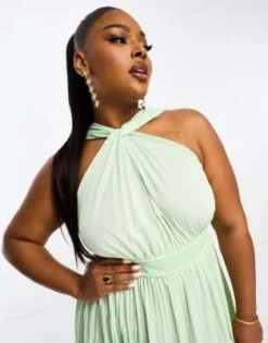 ASOS DESIGN Curve - Vestito Lungo Verde Salvia Allacciato Al Collo Con Gonna A Pieghe Alla Greca -Vendite ASOS Maternity || RIVER ISLAND || Monki 204642884 2