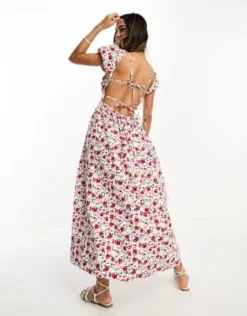 ASOS DESIGN - Vestito Milkmaid Midi Con Busto Arricciato E Apertura Con Laccio Sul Retro Con Stampa A Fiori Vivaci