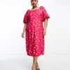 Something New Curve - Vestito Midi Rosa Con Maniche A Sbuffo E Stampa Di Farfalle