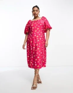 Something New Curve - Vestito Midi Rosa Con Maniche A Sbuffo E Stampa Di Farfalle
