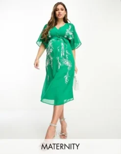 Hope & Ivy Maternity - Vestito Midi Verde Ricamato Con Scollo Profondo